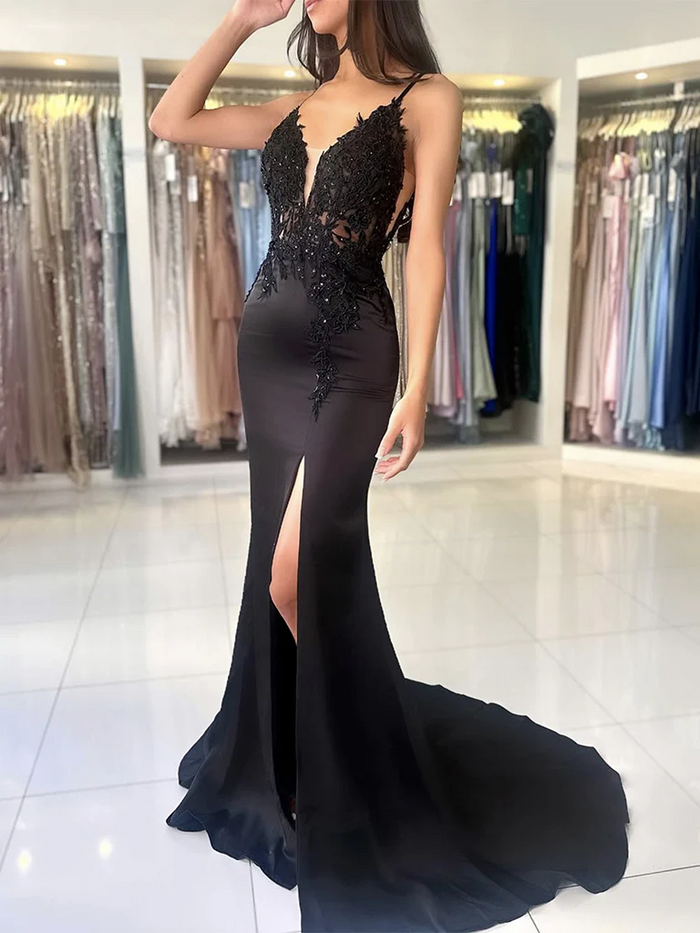 Mermaid Spaghetti Straps Black Lace Prom Dress 2025 with Slit