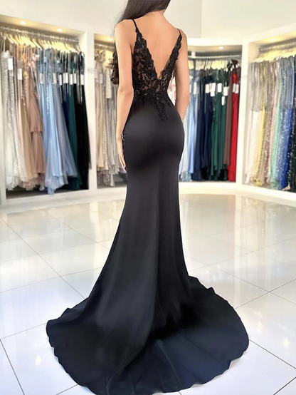 Mermaid Spaghetti Straps Black Lace Prom Dress 2025 with Slit