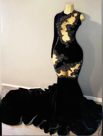 Mermaid Velvet Prom Dress 2025 One-shoulder Long Sleeve