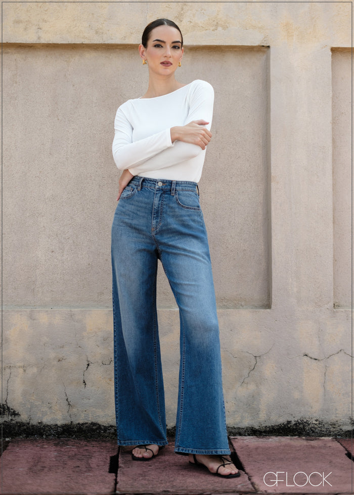 Mid Wash Wide Leg Jean - Long Length - 090425