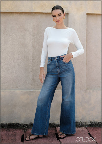 Mid Wash Wide Leg Jean - Long Length - 090425