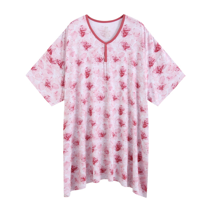 The Jammie Session Misty Roses Women's Muumuu Lounge Tee is a loose, knee-length, pink floral lounge dress with short sleeves and pink trim‚Äîone size fits XS-XXL, perfect for relaxing in comfort.