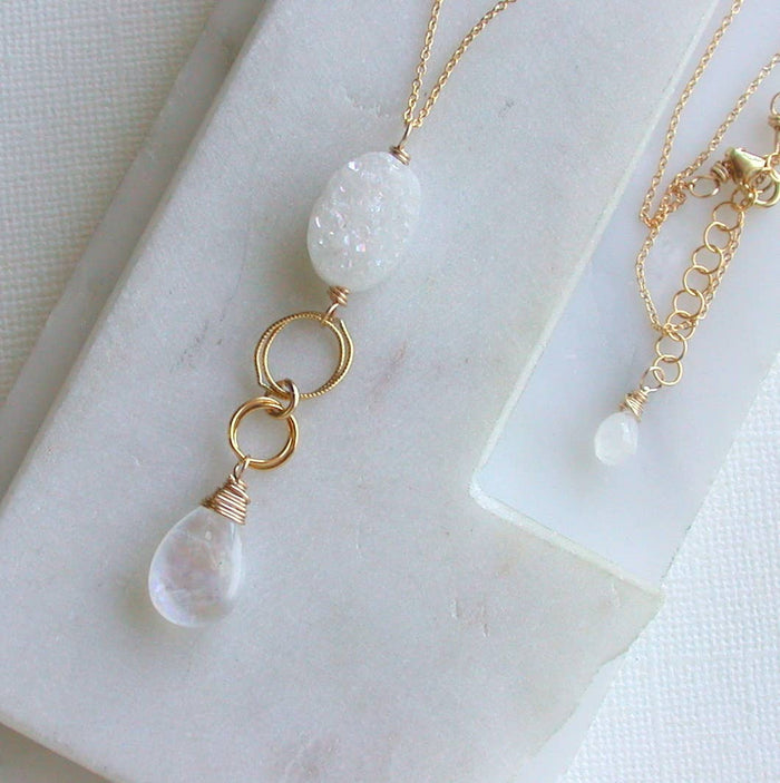 Moonstone and Druzy Gemstone Necklace