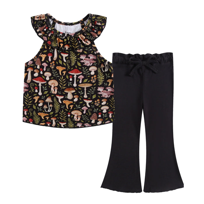 The Jammie Session Mystic Mushrooms Bloomy Crop Set features a sleeveless top with a vibrant mushroom print and black flared pants with a gathered waistband, perfect for children‚Äôs stylish comfort.