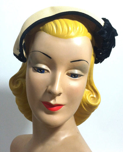 Natural Sisal Wrap Over Hat w/ Black Velvet and Rhinestone Detail circa 1950s Dorothea's Closet Vintage Hat