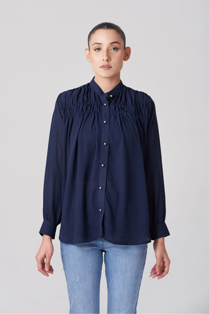 Navy Blue Women's Gatherd Button Up Shirt