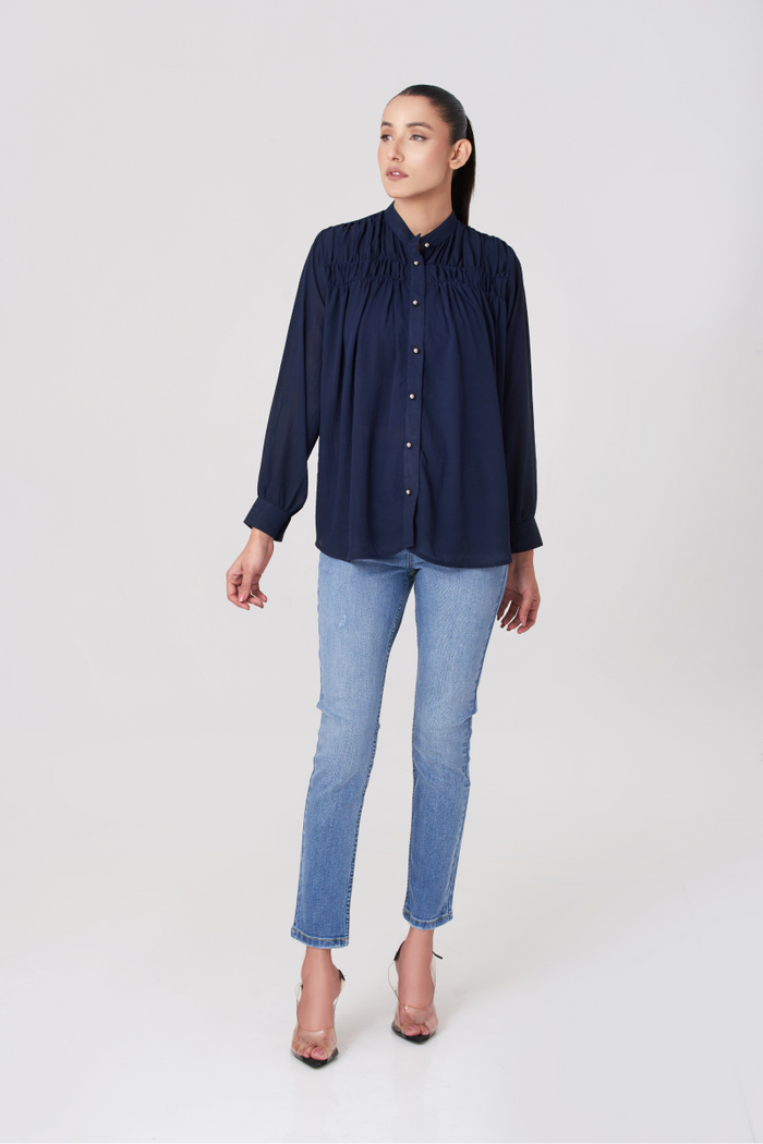 Navy Blue Women's Gatherd Button Up Shirt