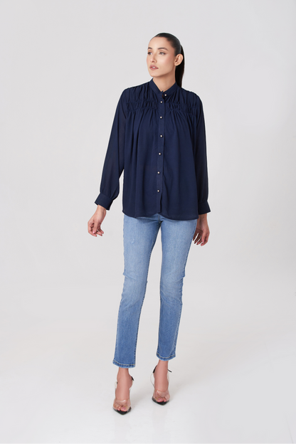 Navy Blue Women's Gatherd Button Up Shirt