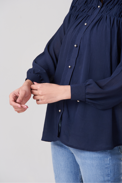 Navy Blue Women's Gatherd Button Up Shirt