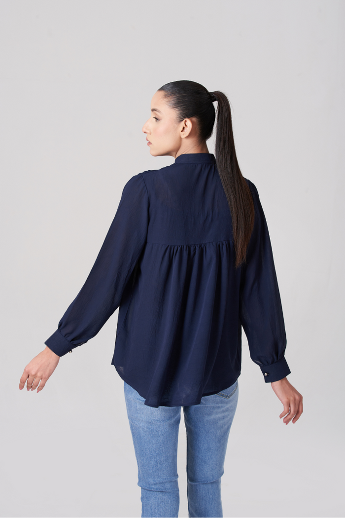 Navy Blue Women's Gatherd Button Up Shirt