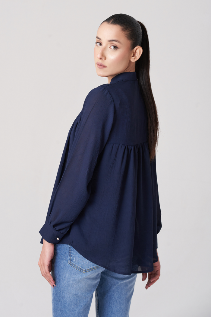 Navy Blue Women's Gatherd Button Up Shirt