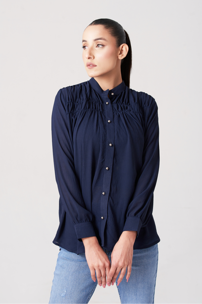Navy Blue Women's Gatherd Button Up Shirt