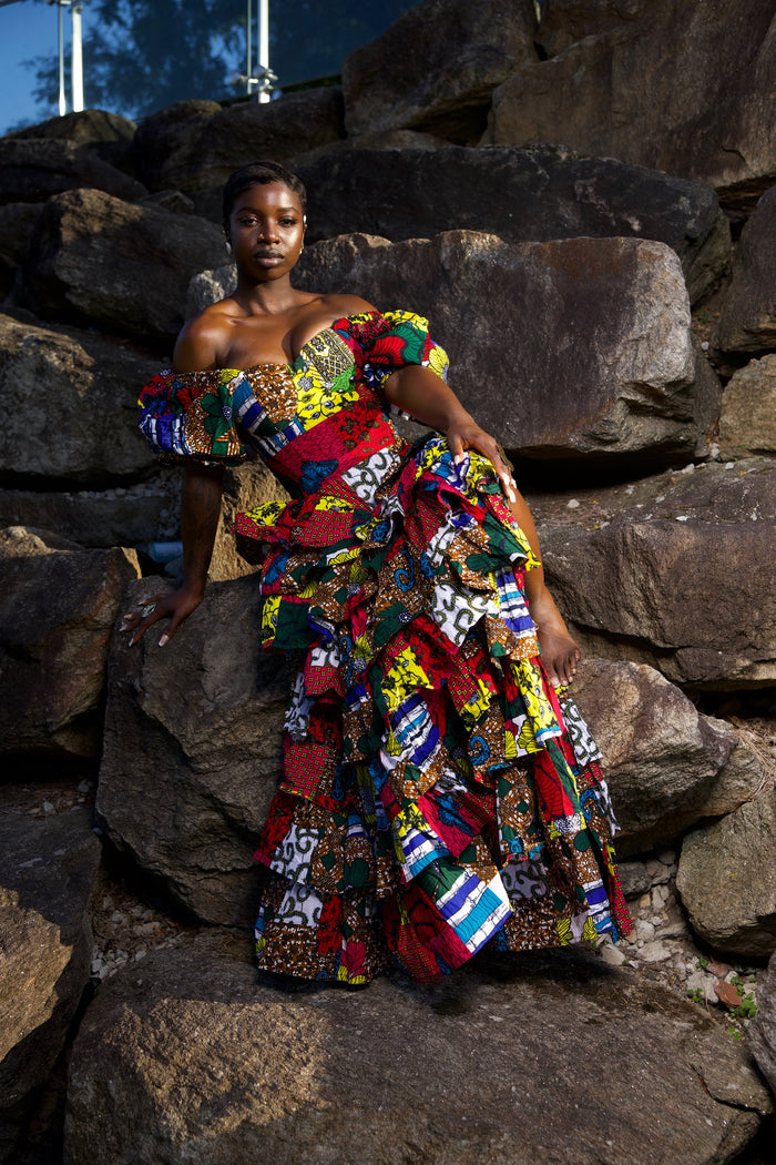 Niouma African print high waisted patches ruffled skirt set.