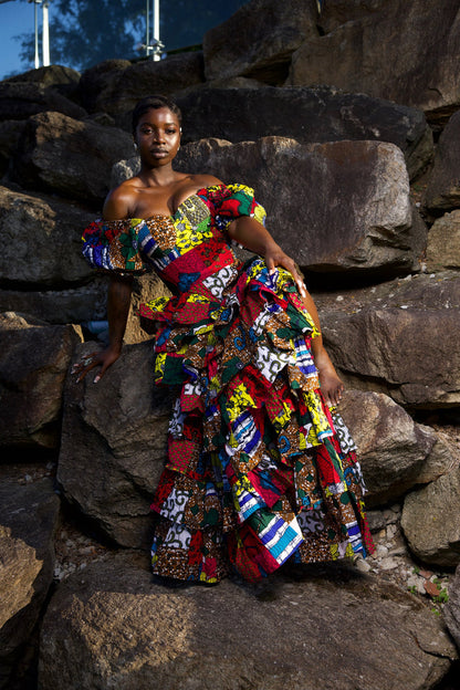 Niouma African print high waisted patches ruffled skirt set.