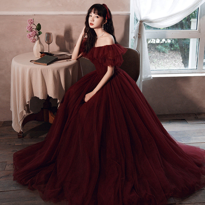 Off-the-shoulder Burgundy Tulle Prom Dress 2025 Corset Back