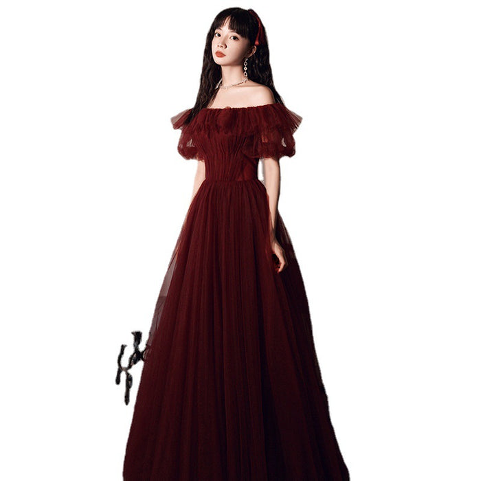 Off-the-shoulder Burgundy Tulle Prom Dress 2025 Corset Back