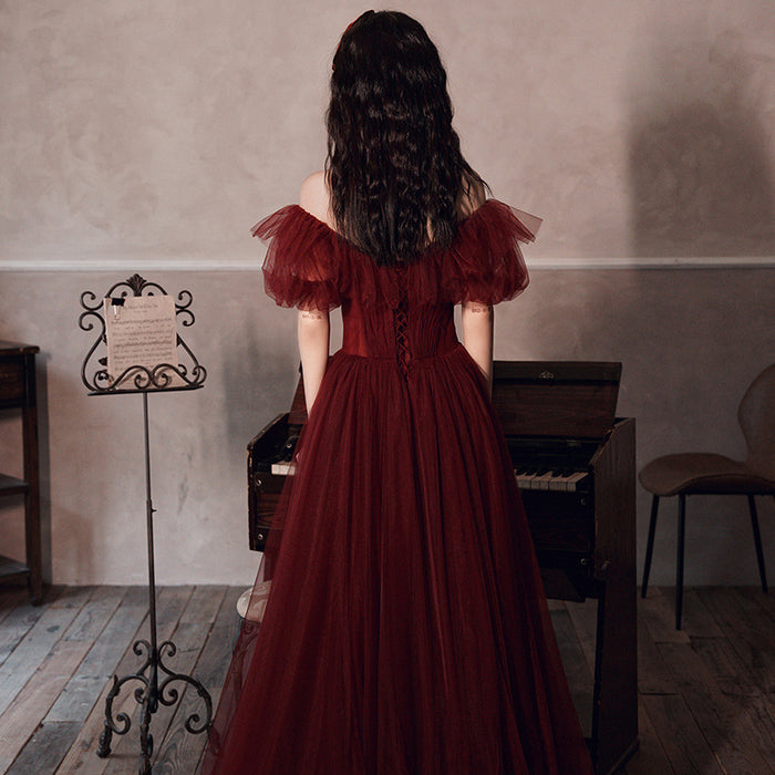 Off-the-shoulder Burgundy Tulle Prom Dress 2025 Corset Back