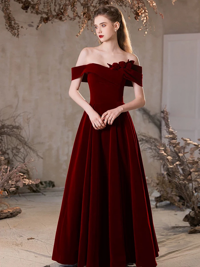 Off-the-shoulder Burgundy Velvet Prom Dress 2025 Corset Back