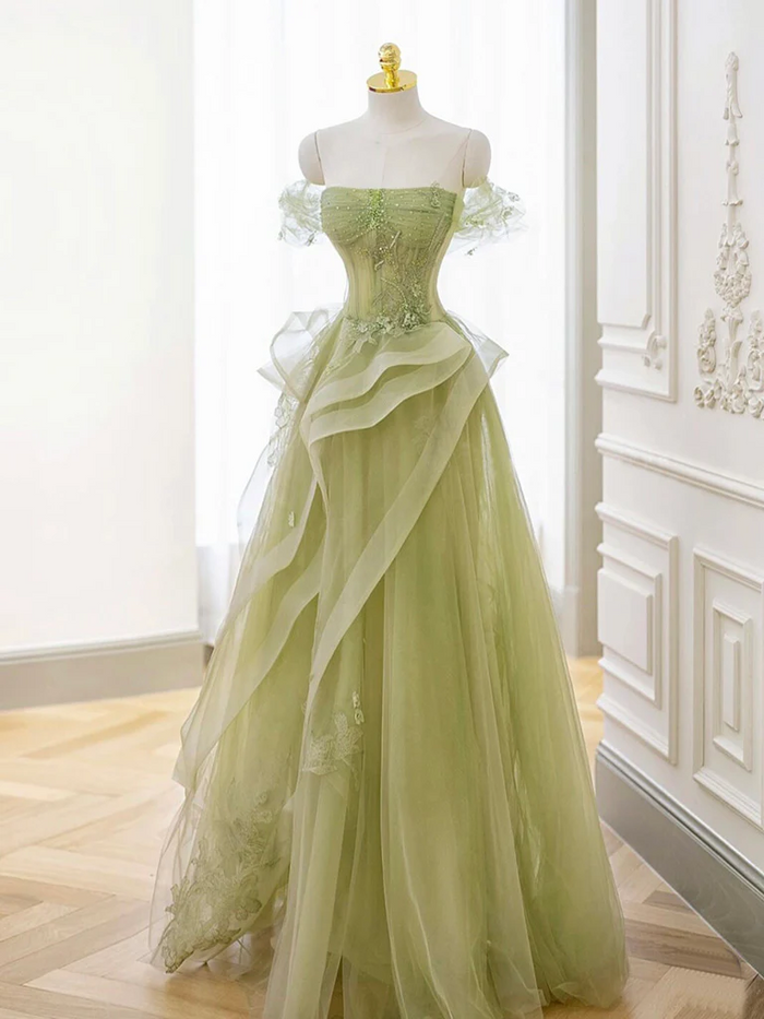 Off-the-shoulder Green Prom Dress 2025 Horsehair Hem