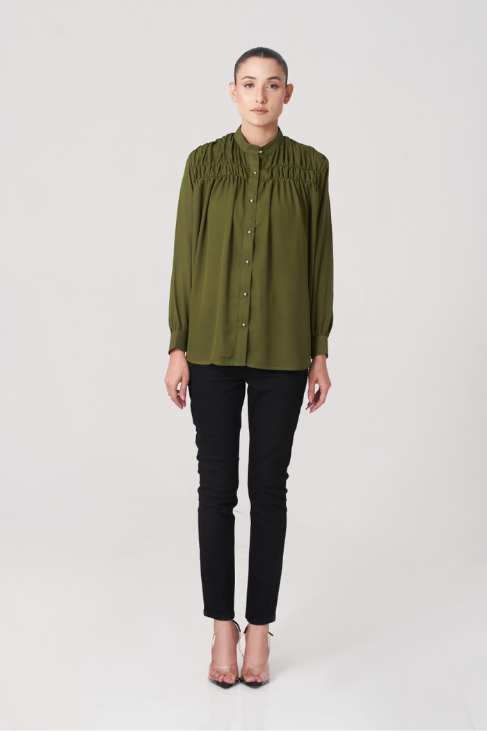 Olive Women's Gatherd Button Up Shirt