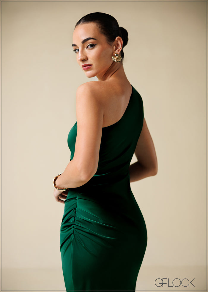 One Shoulder Pleated Midi Dress - 250725