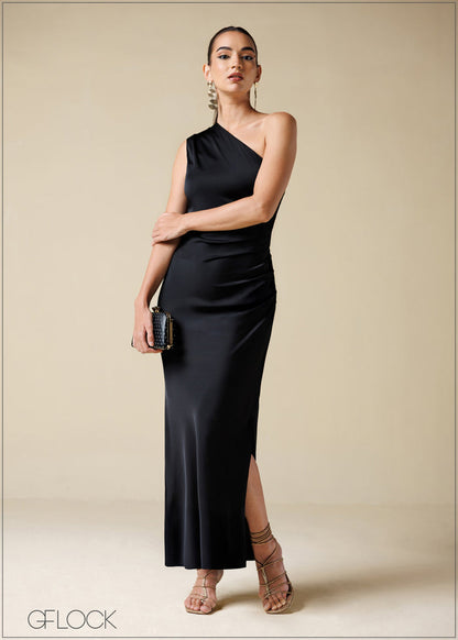 One Shoulder Pleated Midi Dress - 250725