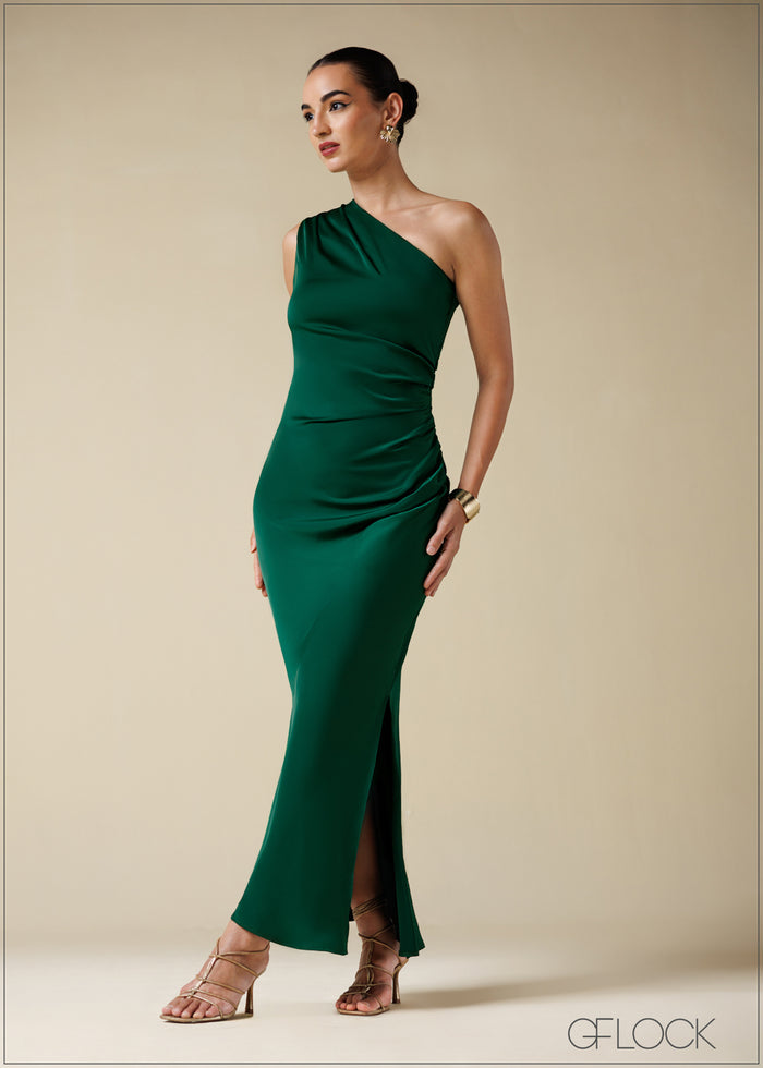 One Shoulder Pleated Midi Dress - 250725