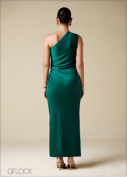 One Shoulder Pleated Midi Dress - 250725