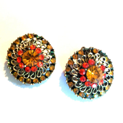 Orange and Yellow Rhinestone Clip Earrings circa 1960s