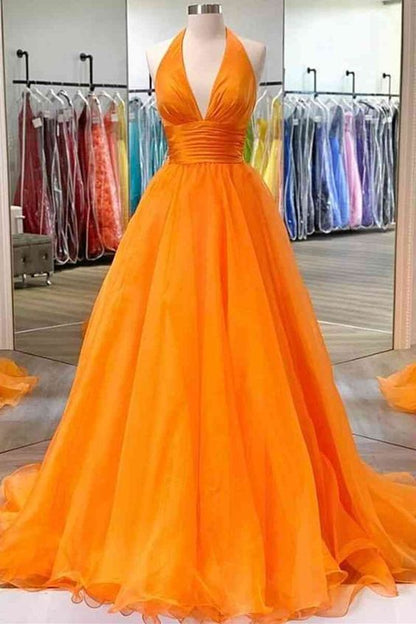 Orange Prom Dress 2024 Halter V Neck Tulle Puffy