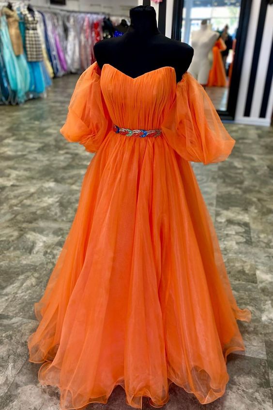 Orange Prom Dress 2024 V neck Tulle with Puffy Sleeves