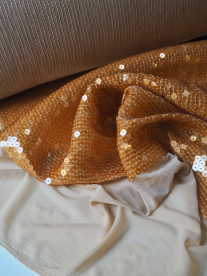 Orange Translucent Sequin Stretch Mesh