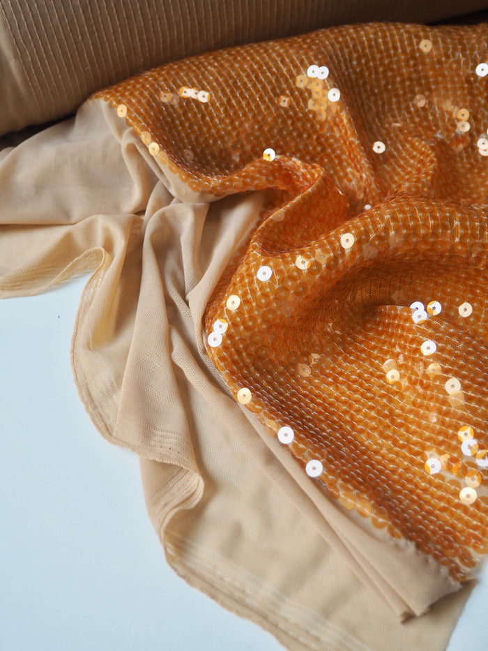 Orange Translucent Sequin Stretch Mesh