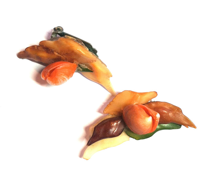 Peach and Green Shell Flower Climber Style Clip Earrings circa 1950s