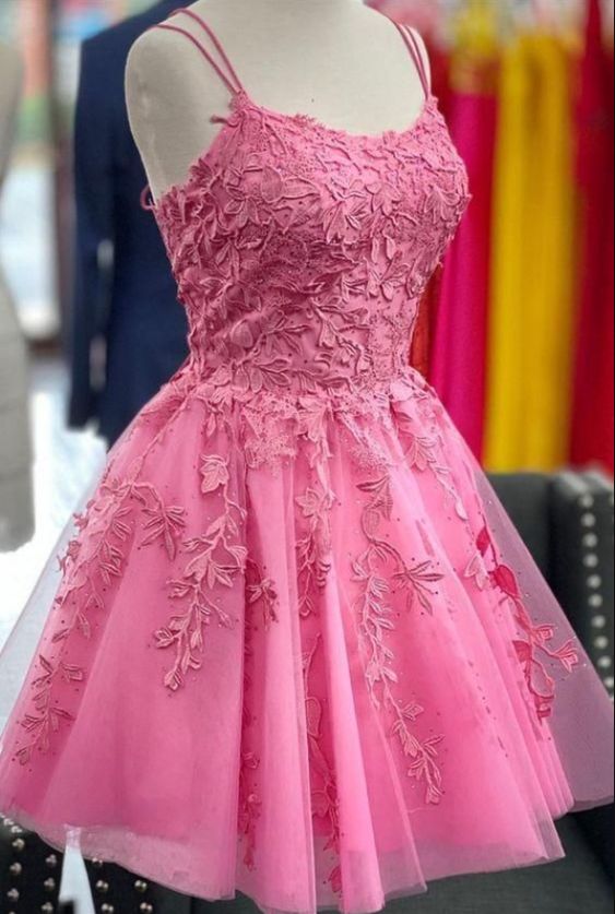 Pink Homecoming Dress 2023 Short Spaghetti Straps Tulle with Appliques