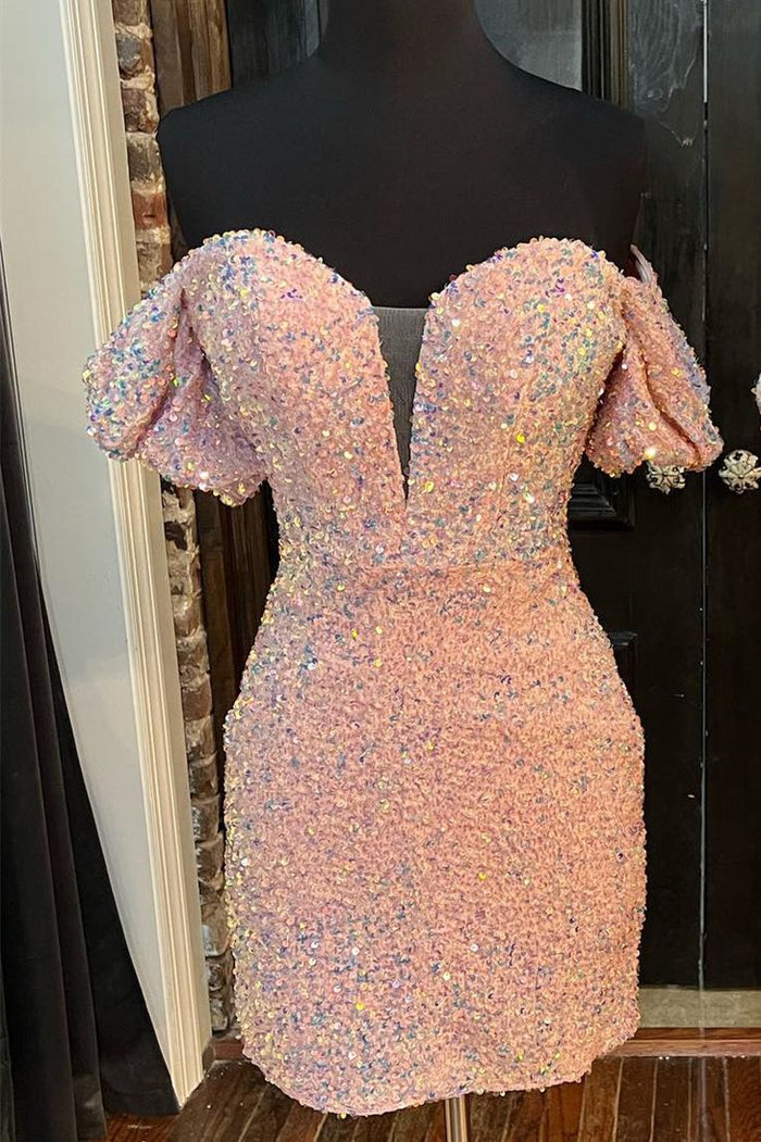 Pink Homecoming Dress 2023 Short Tight Off the Shoulder Sequin