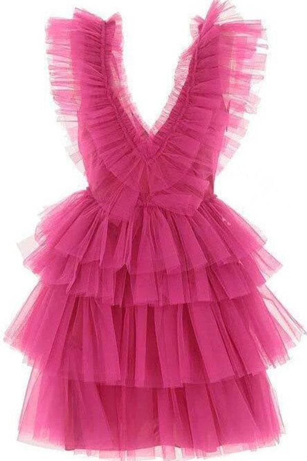 Pink Homecoming Dress 2023 Short V Neck Tulle Tiered Sleeveless
