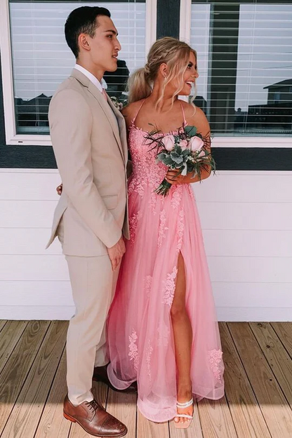 Pink Lace Tulle Prom Dress 2025 Corset Back