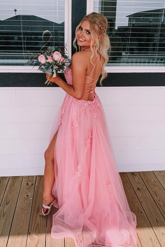 Pink Lace Tulle Prom Dress 2025 Corset Back