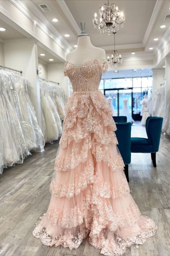 Pink Prom Dress 2024 Off the Shoulder Tiered Lace Appliques