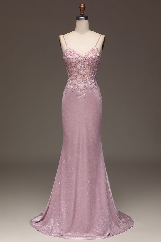 Pink Prom Dress 2024 Spaghetti Straps Mermaid Glitter