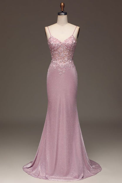 Pink Prom Dress 2024 Spaghetti Straps Mermaid Glitter