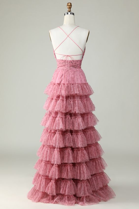 Pink Prom Dress 2024 Spaghetti Straps Tulle Tiered Corset Back