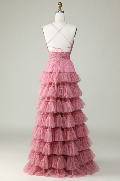 Pink Prom Dress 2024 Spaghetti Straps Tulle Tiered Corset Back