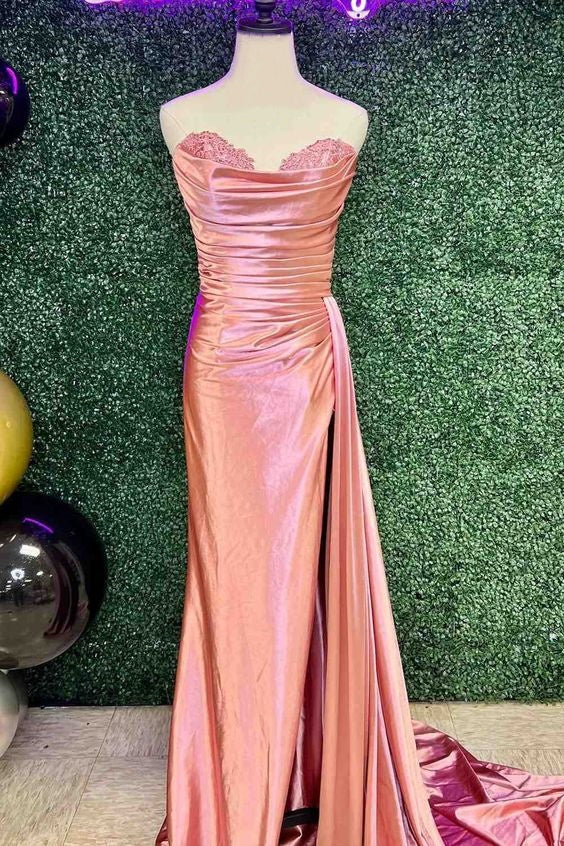 Pink Prom Dress 2024 Strapless Satin with Slit Ruched