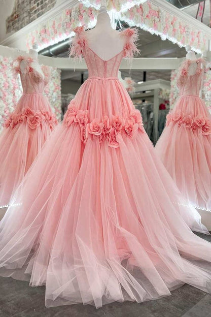 Pink Prom Dress 2024 Sweetheart Tulle with Feathers