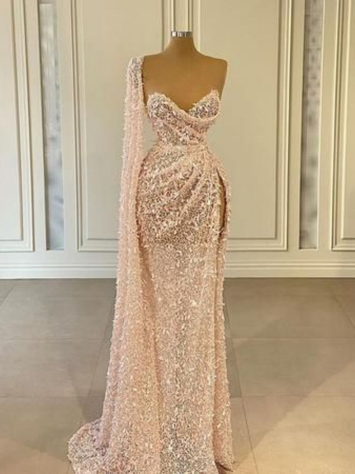 Pink Prom Dress 2024 V Neck Sequined High Split