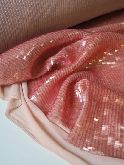 Pink Translucent Long Sequin Stretch Mesh
