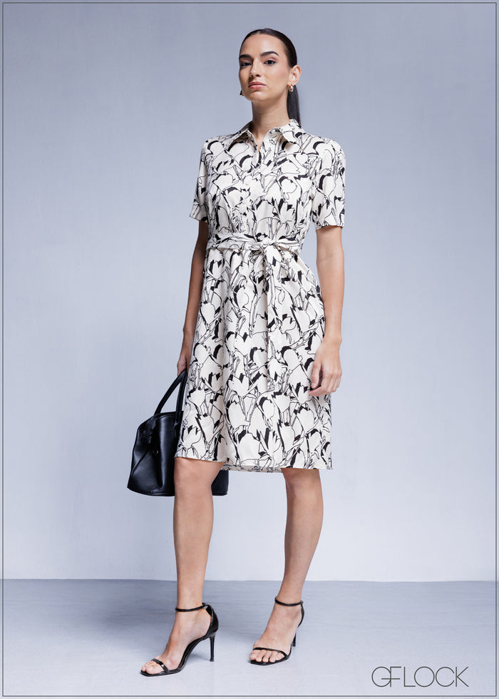 Printed Short Sleeve Midi Dress - 100425