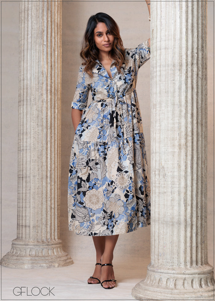 Printed Tie Detailed Dress (Premium Cotton) - 201025